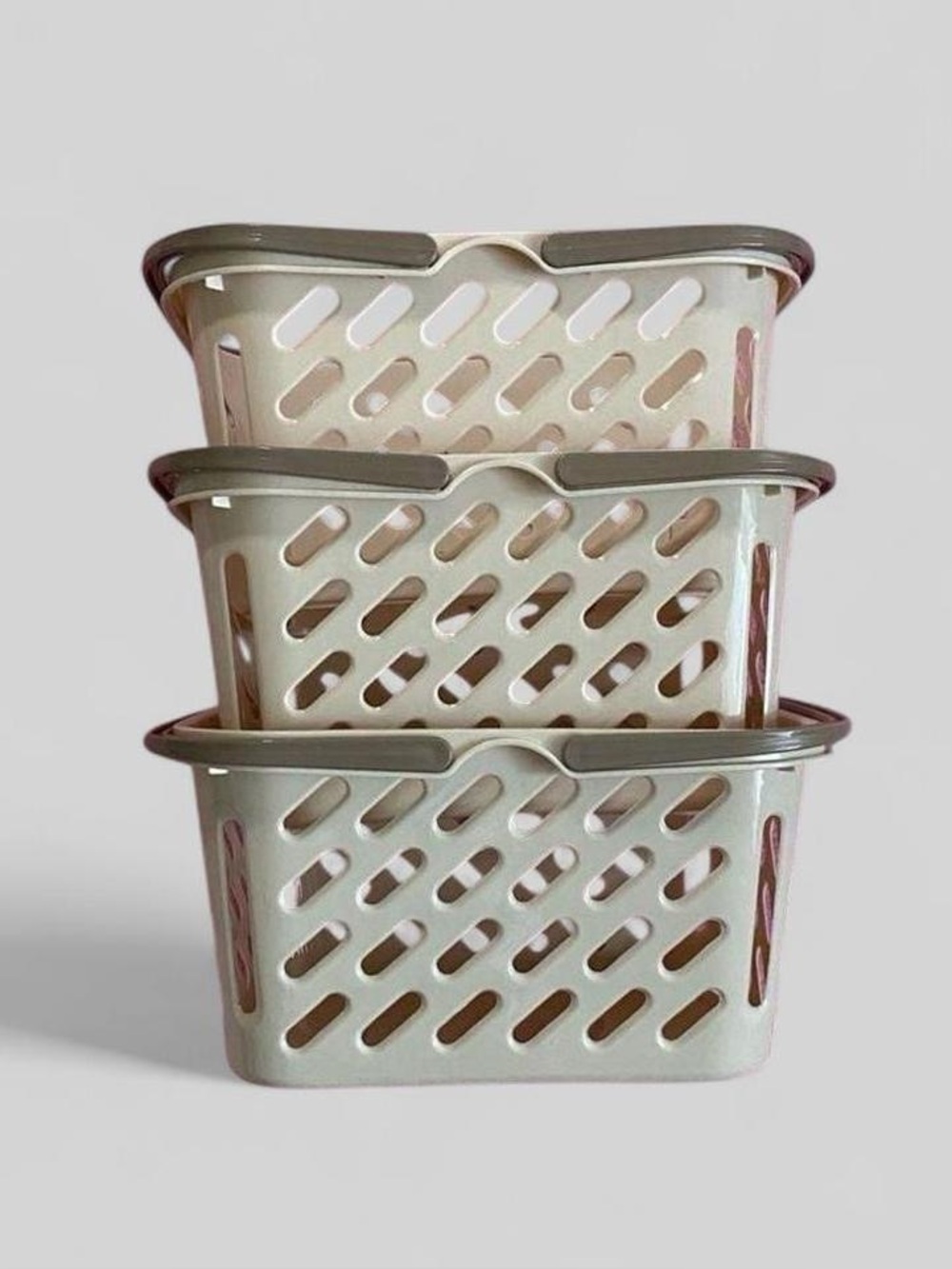 Set of 3 Cream Gray Stackable Storage Baskets Minimalist Organizer Bins Handles